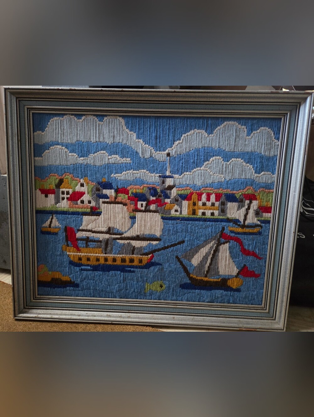 Blue Nautical Tapestry Wall Art with Multicolor Harbor Scene